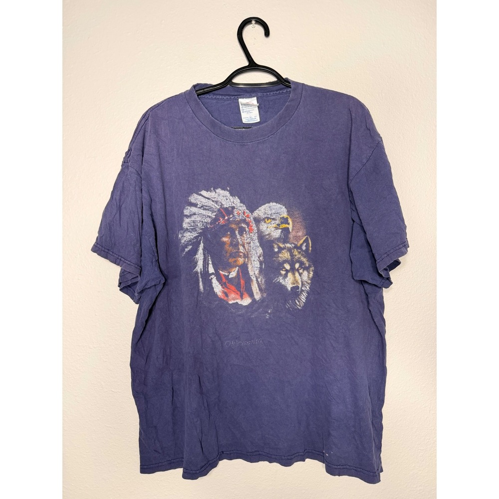 True Vintage Delta Pro Weight Oklahoma Native American Chief Eagle Wolf T-Shirt